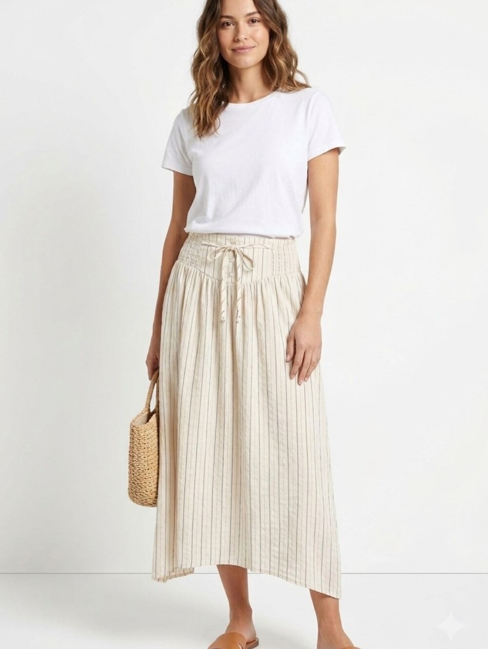 Aerie Striped Skater Smocked Drop Waist Tie Front Maxi Skirt Cream Boho Size L